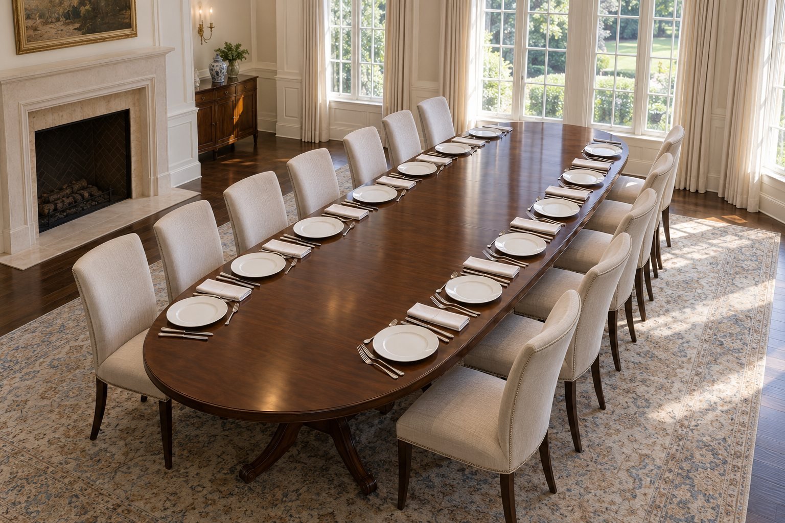 A long table set for thirteen guests